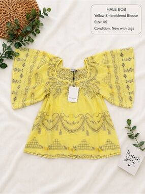 Hale Bob Yellow Embroidered Boho Blouse